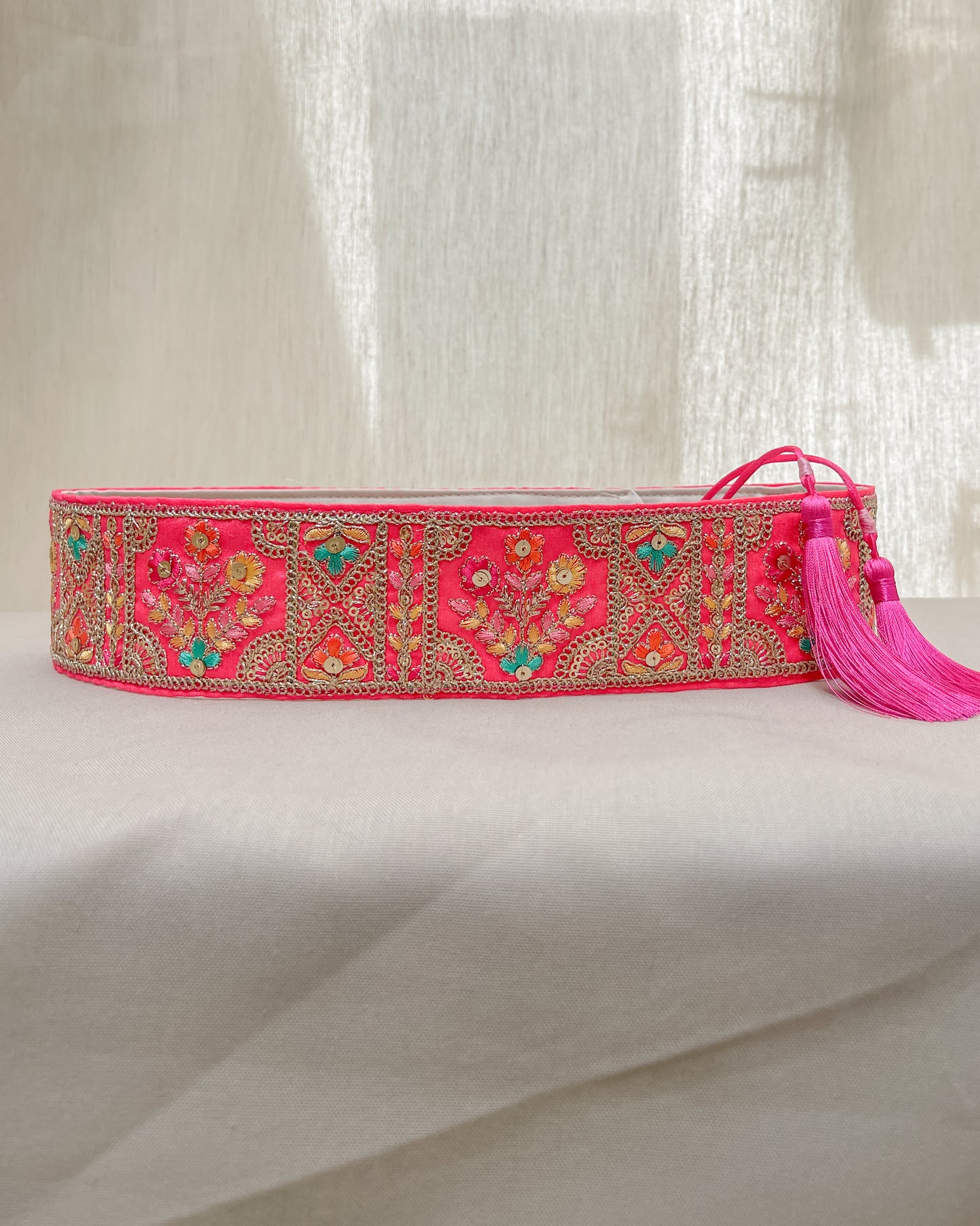 Pink bohemian embroidered obi belt with tassels