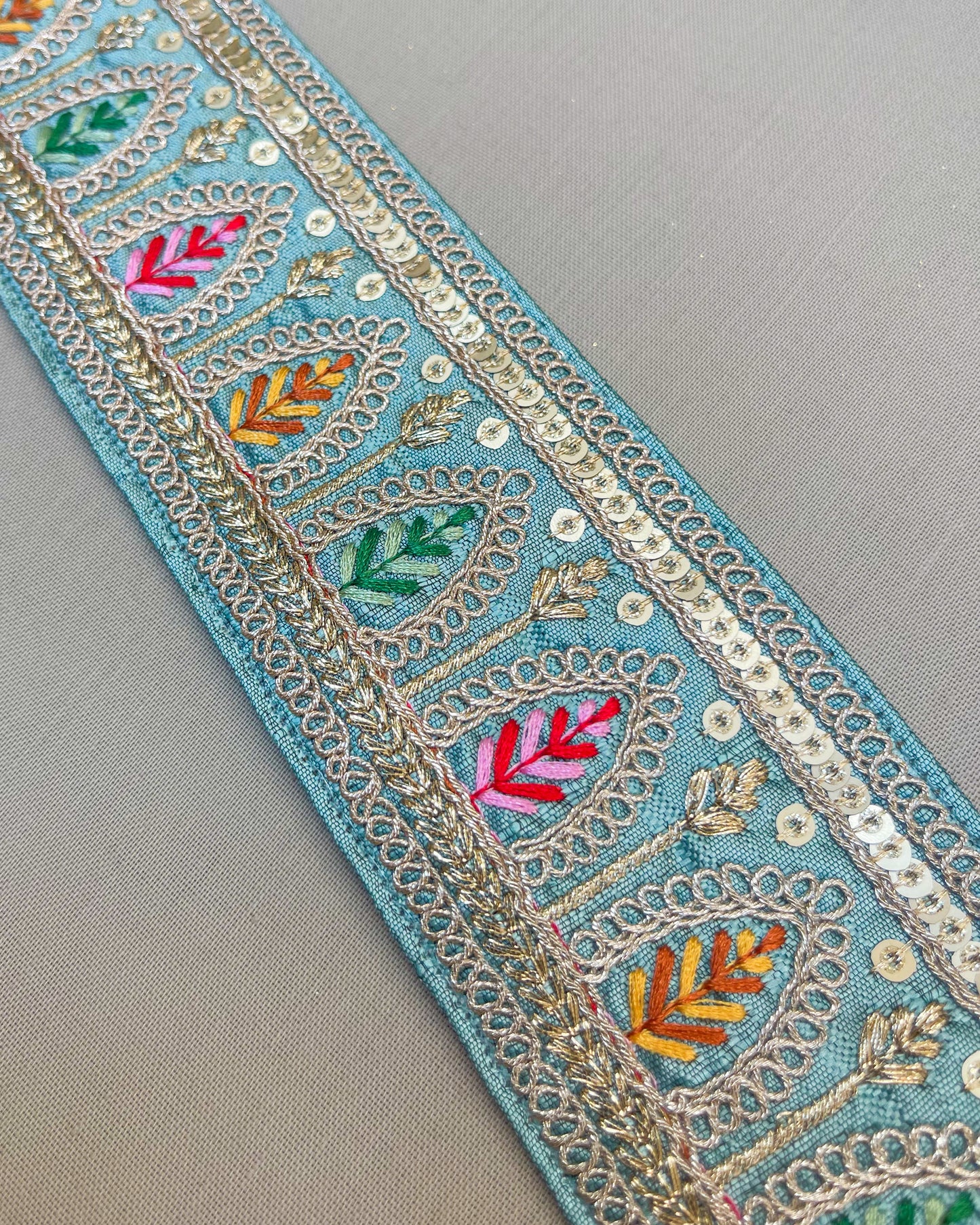 Teal bohemian embroidered obi belt with tassels