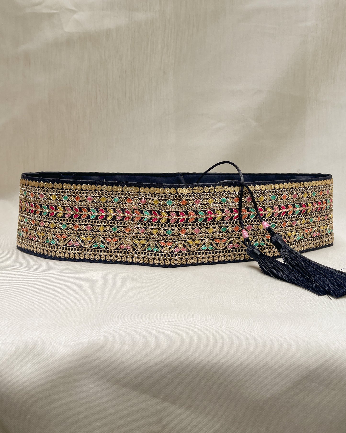 Black bohemian embroidered obi belt with tassels