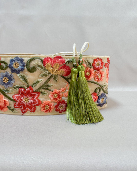 Off white with flowers bohemian embroidered obi belt with tassels