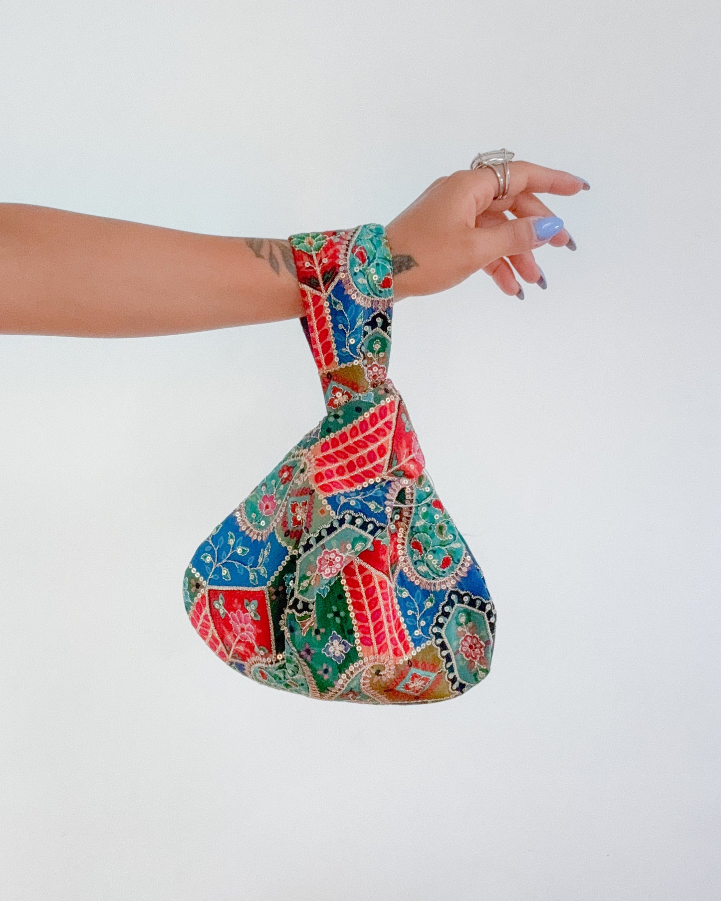Handmade Embroidered Knot Bag | Paisley blue