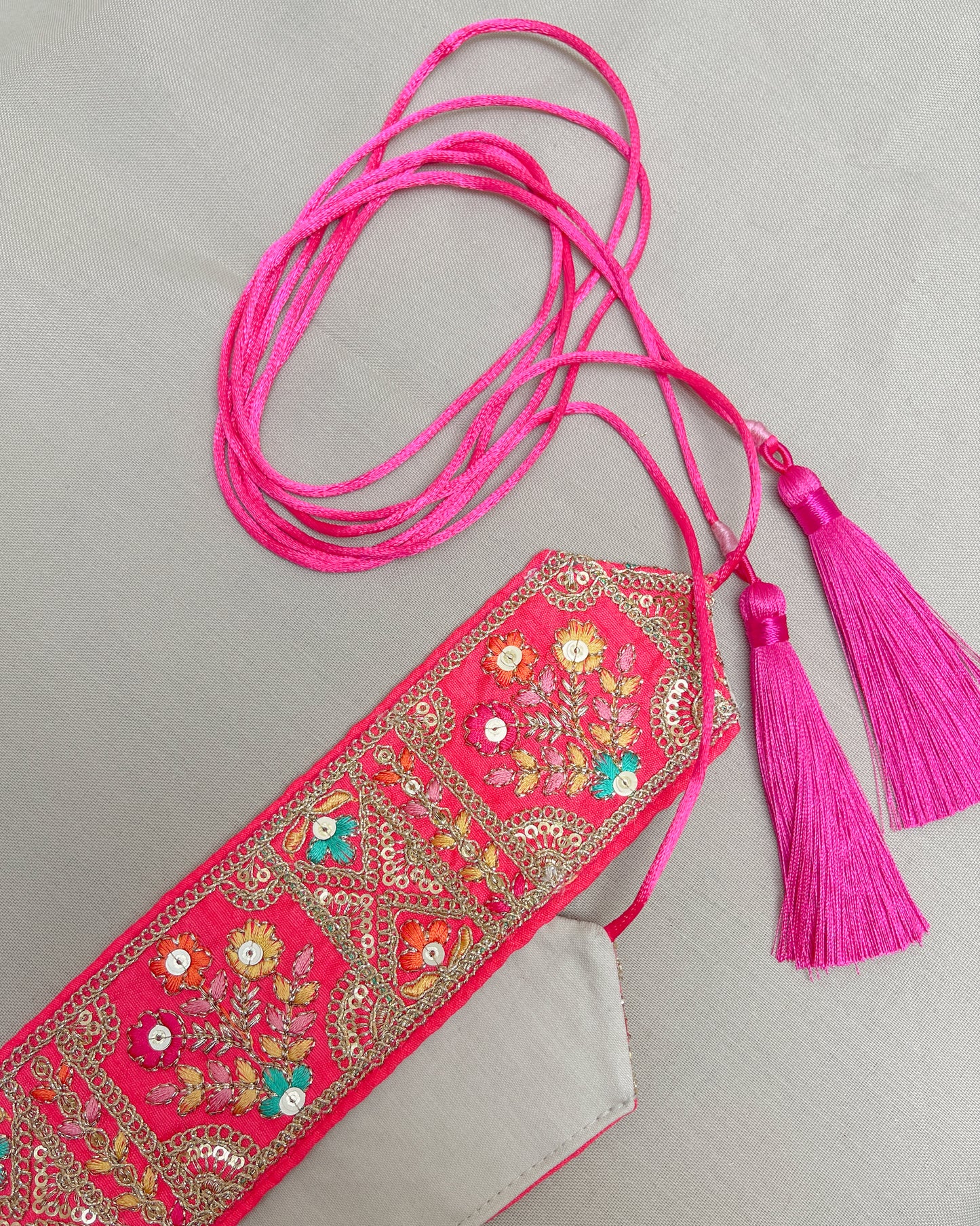 Pink bohemian embroidered obi belt with tassels