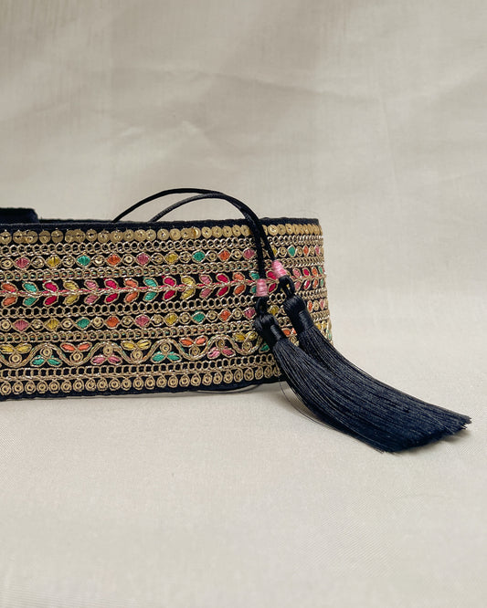 Black bohemian embroidered obi belt with tassels