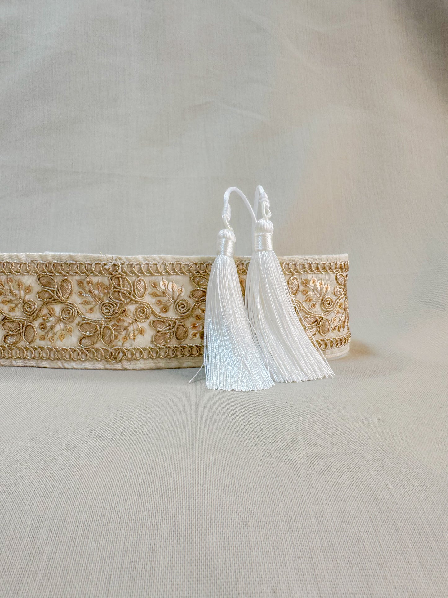 Off white bohemian embroidered obi belt with tassels