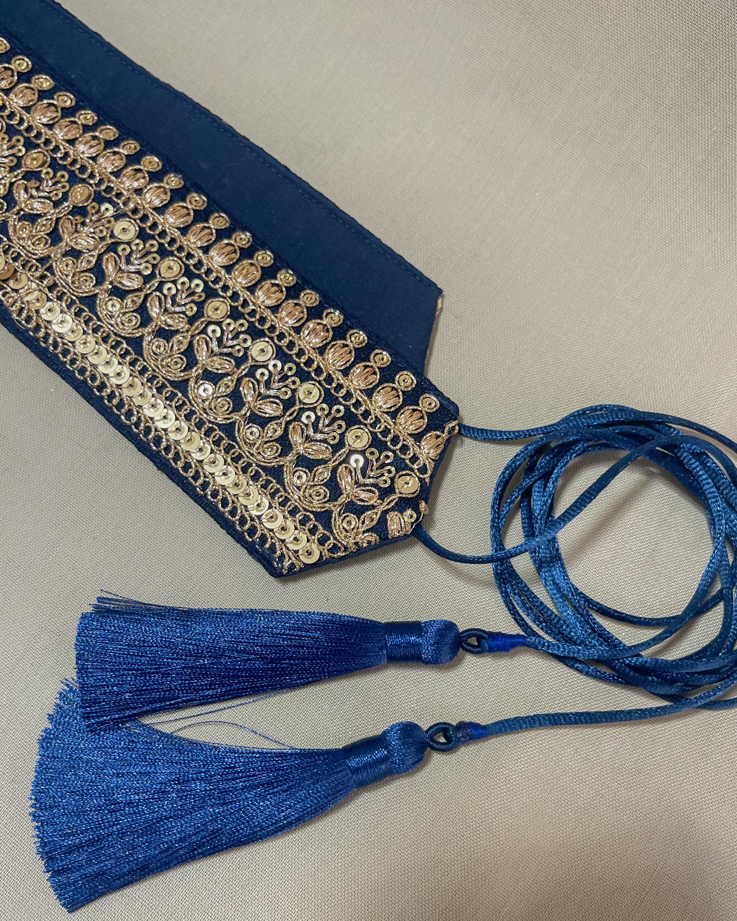 Blue bohemian embroidered obi belt with tassels