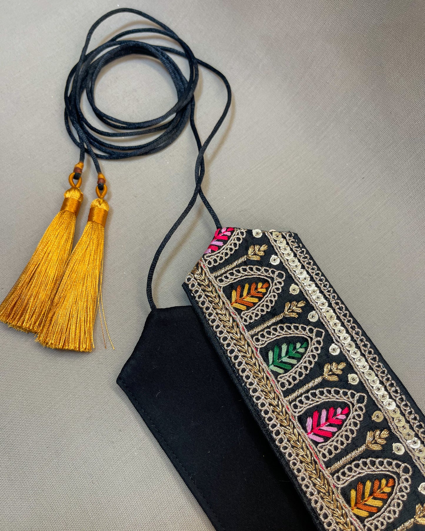 Black bohemian embroidered obi belt with tassels