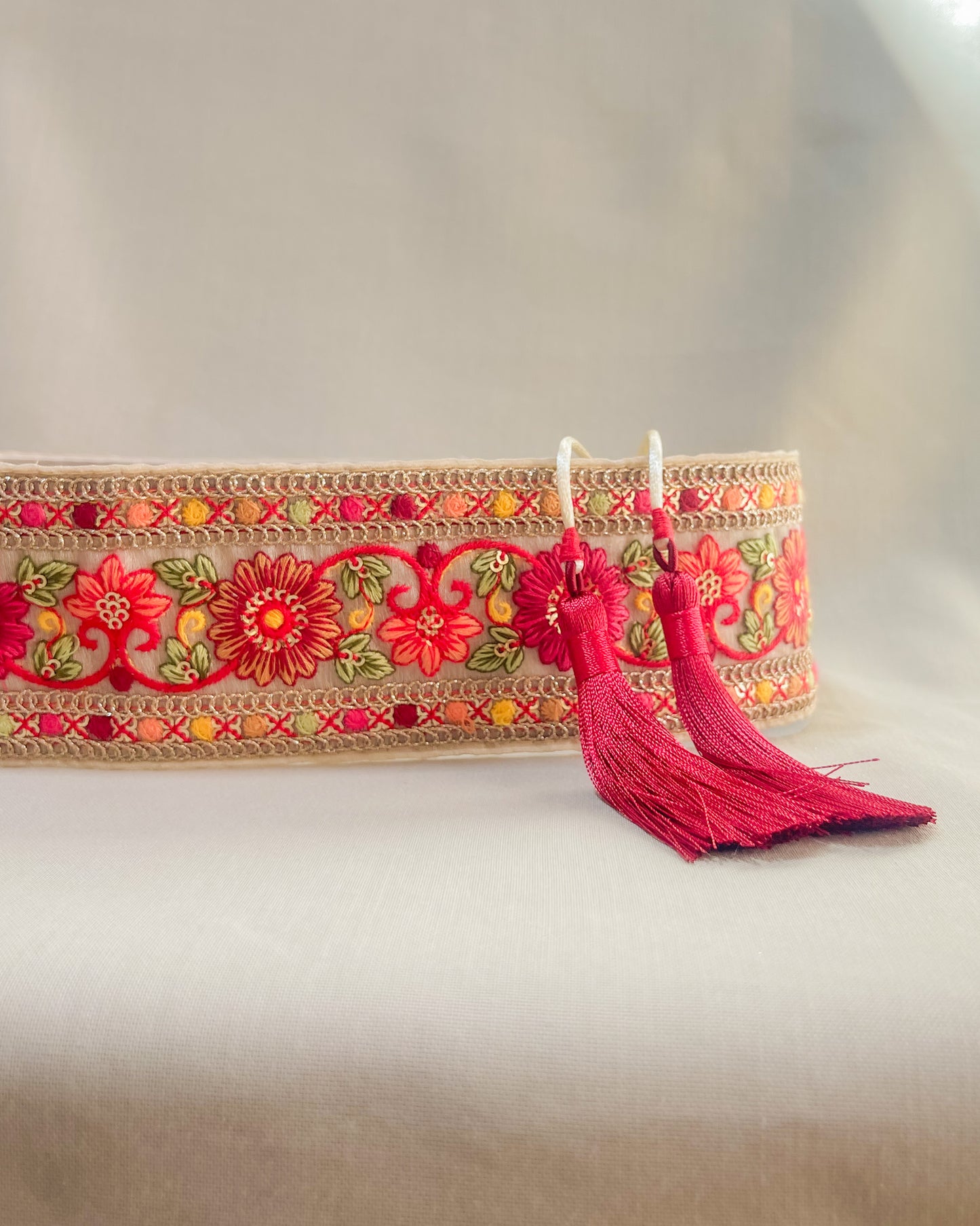 Bohemian embroidered obi belt with tassels