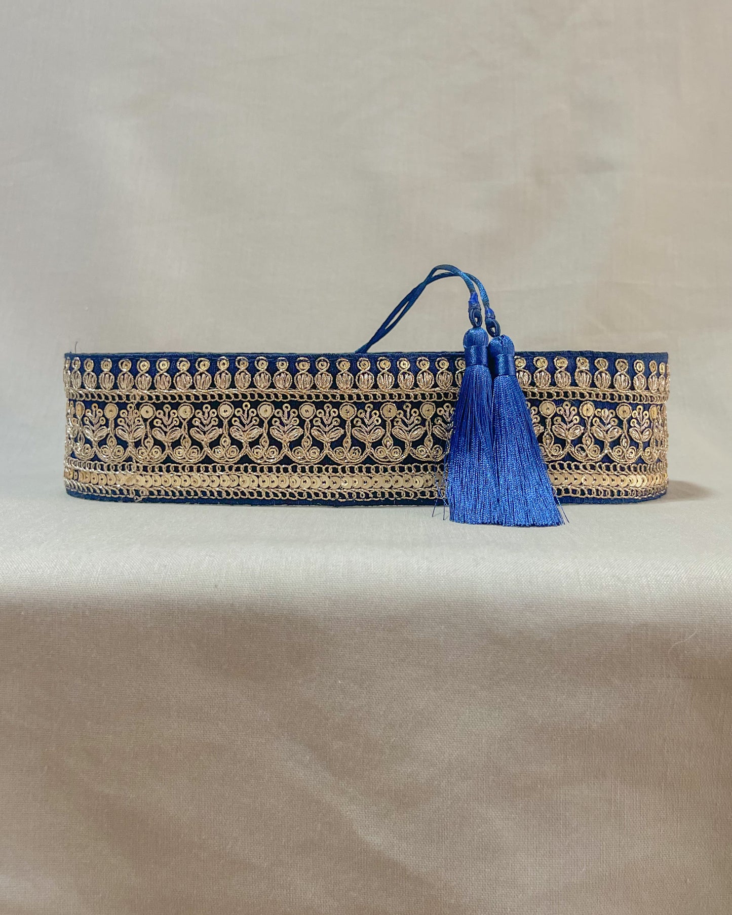 Blue bohemian embroidered obi belt with tassels