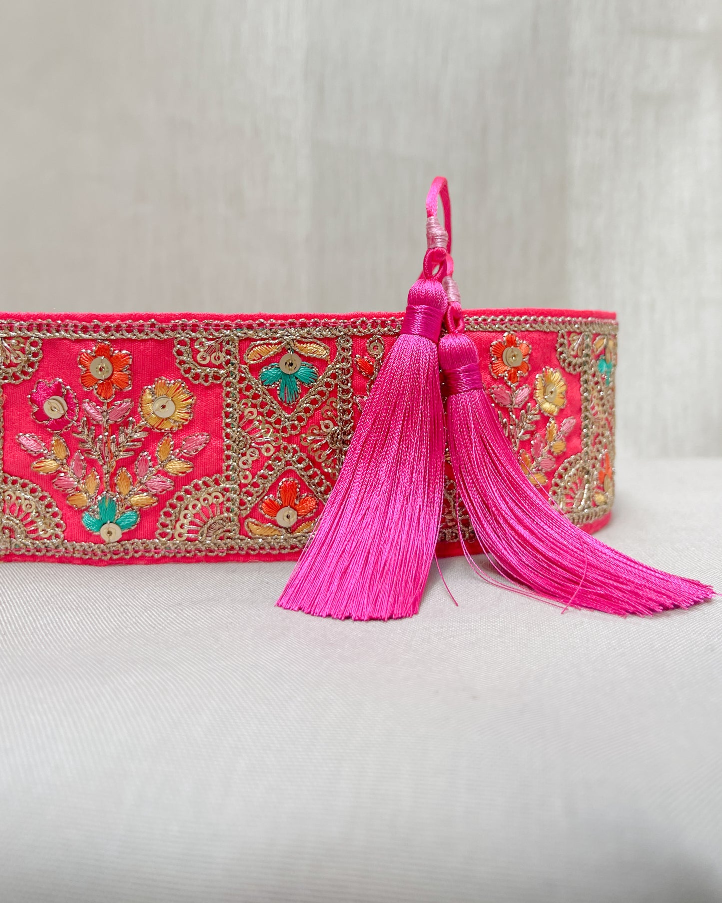 Pink bohemian embroidered obi belt with tassels