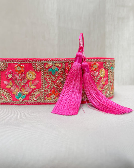 Pink bohemian embroidered obi belt with tassels