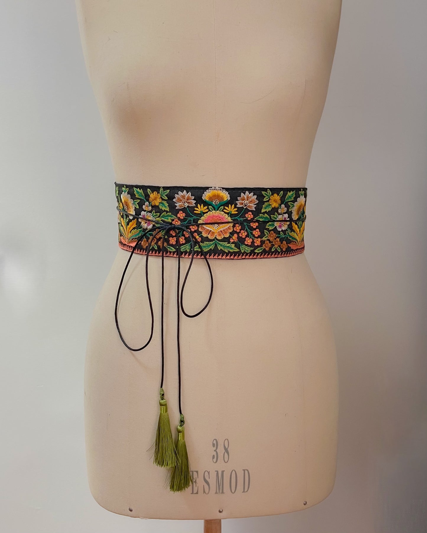 Black bohemian embroidered obi belt with tassels