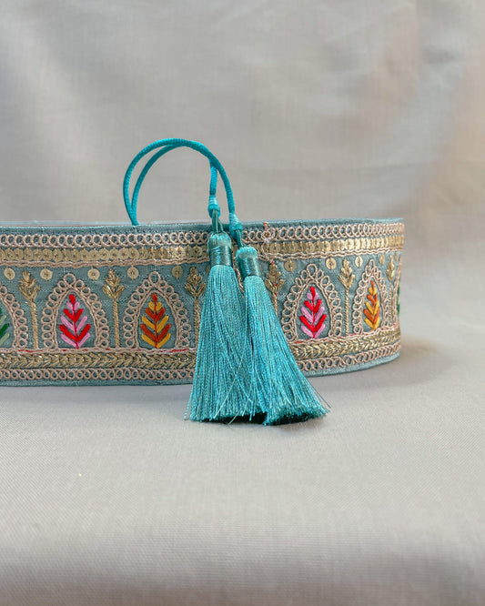 Teal bohemian embroidered obi belt with tassels