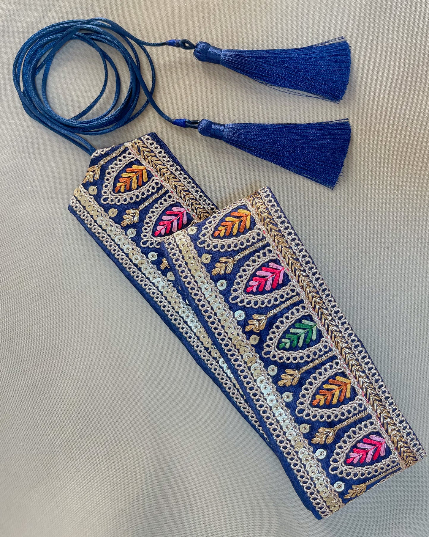 Blue bohemian embroidered obi belt with tassels