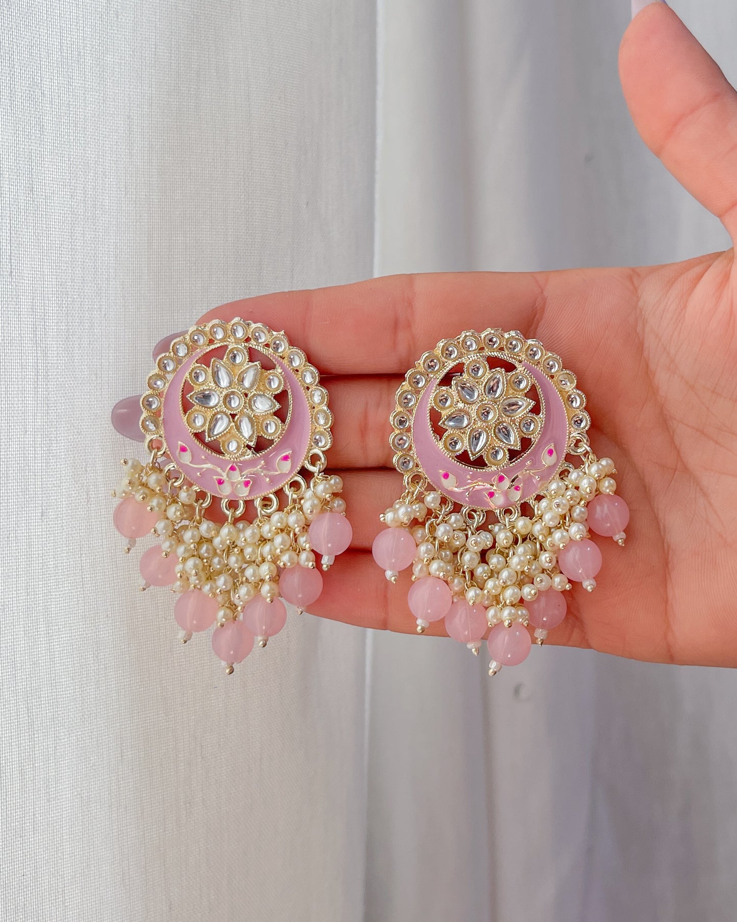 MOON LIGHT PINK Big Golden Bohemian Earrings with Hand-Painted Floral Detail