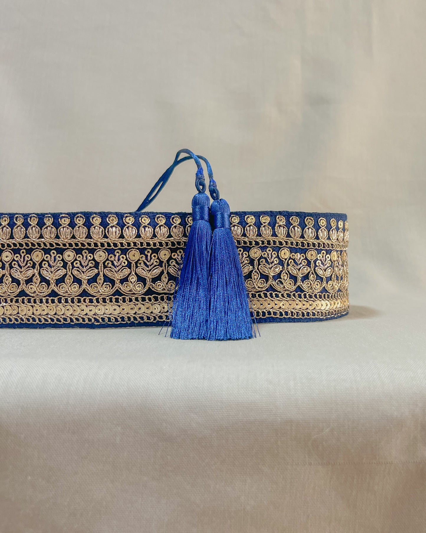 Blue bohemian embroidered obi belt with tassels