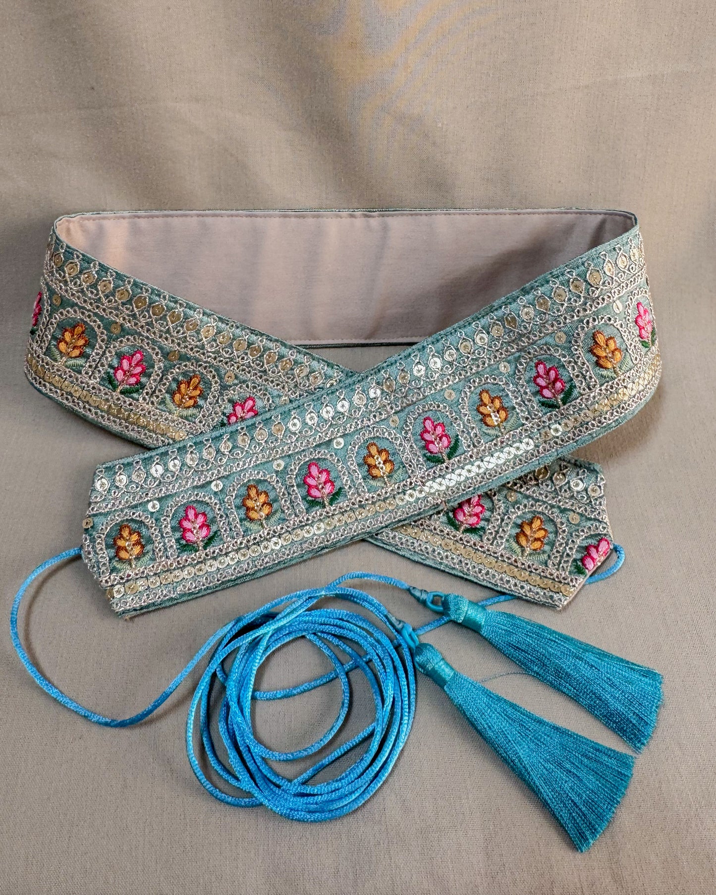 Blue bohemian embroidered obi belt with tassels