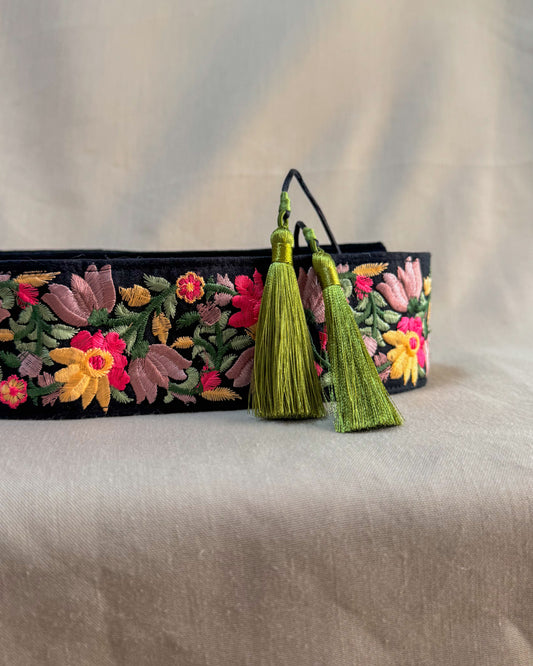 Black bohemian embroidered obi belt with tassels