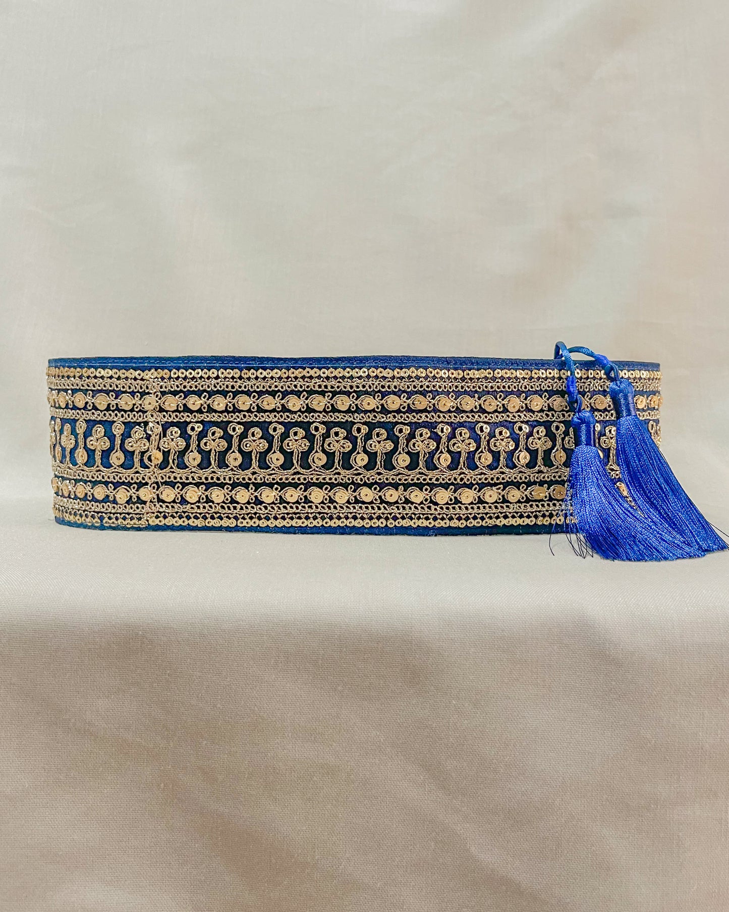 Blue bohemian embroidered obi belt with tassels