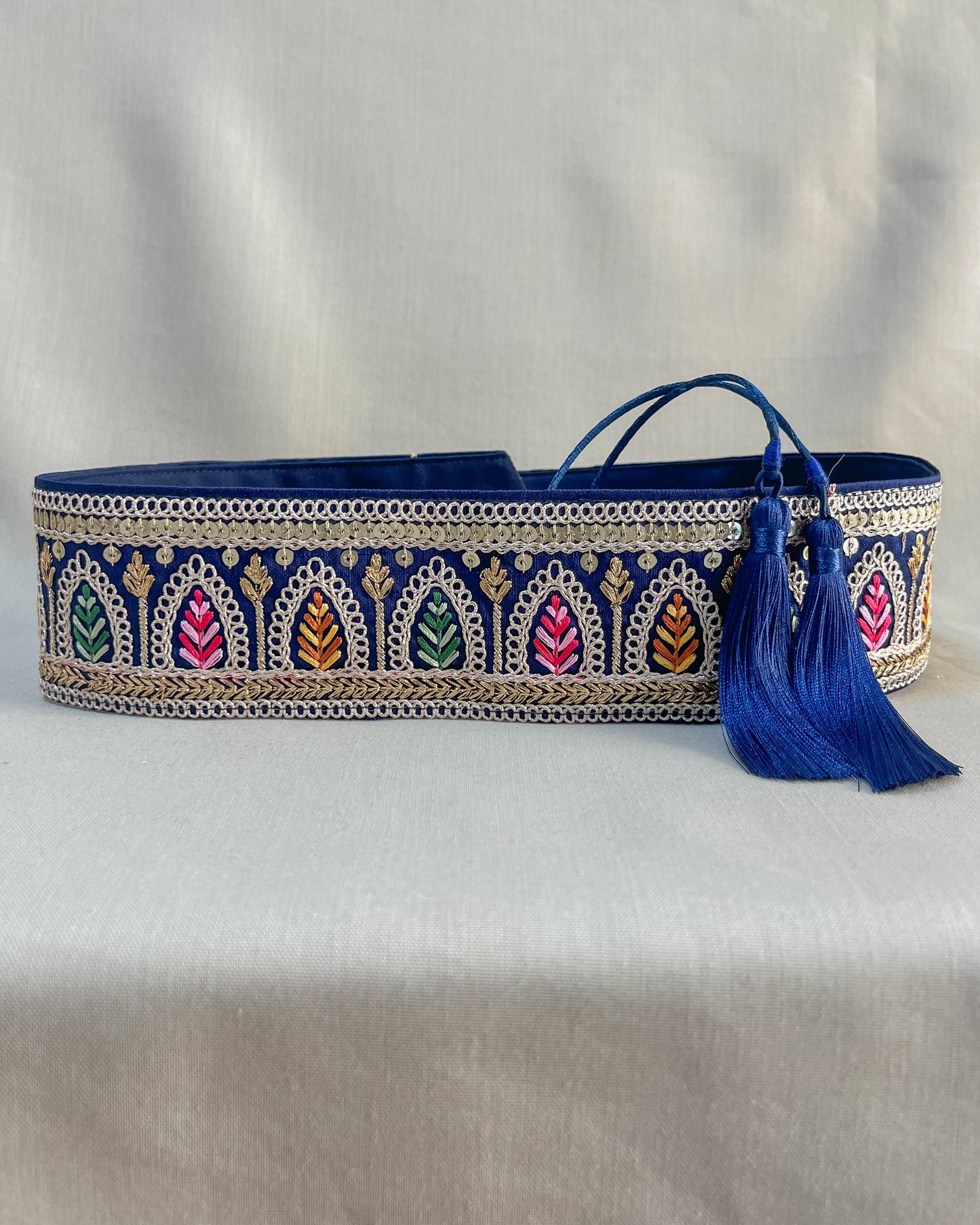 Blue bohemian embroidered obi belt with tassels