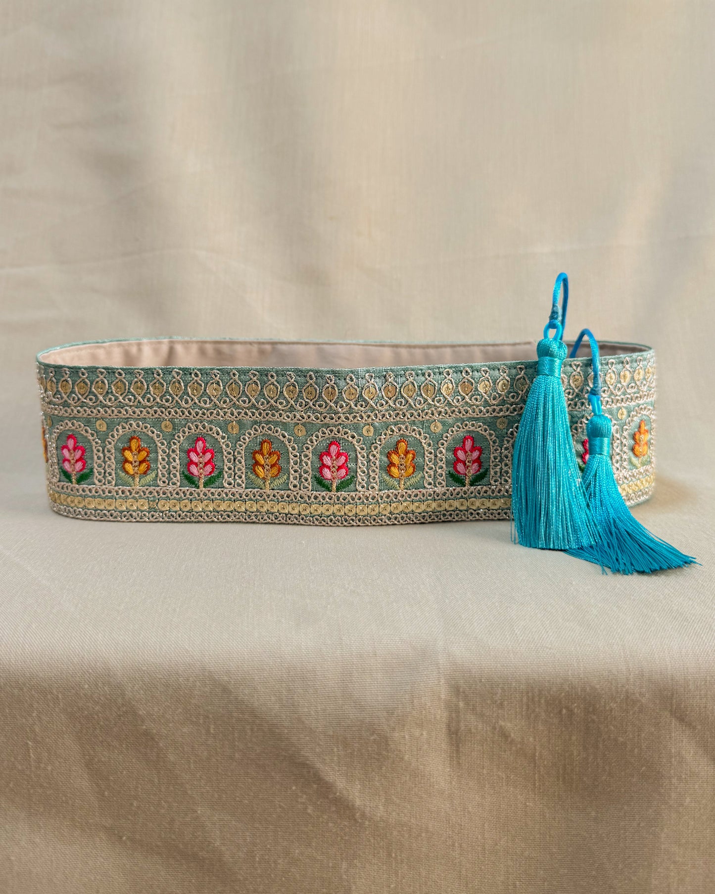 Blue bohemian embroidered obi belt with tassels