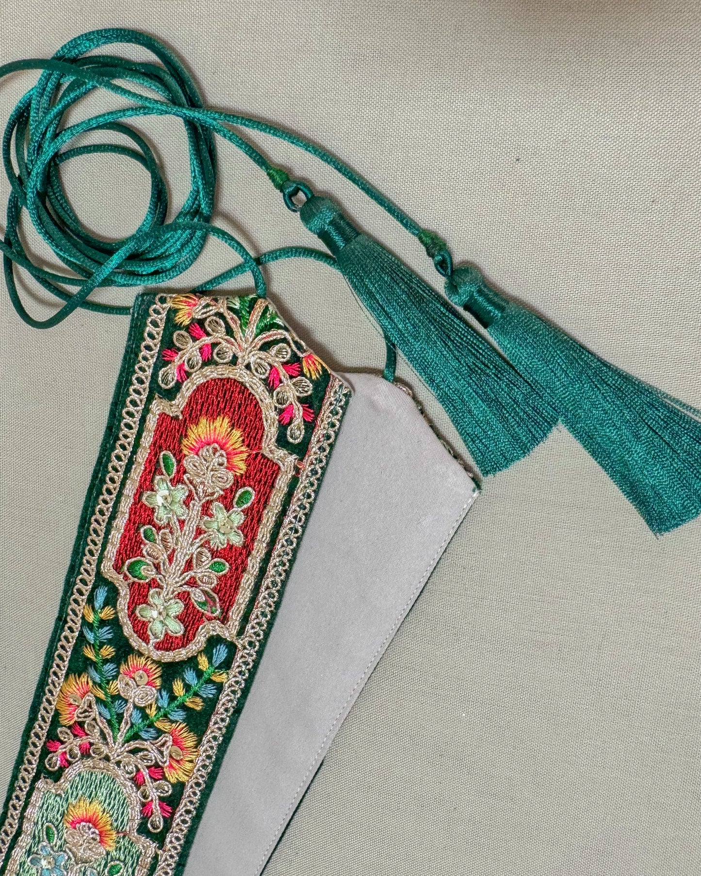 Velvet green bohemian embroidered obi belt with tassels