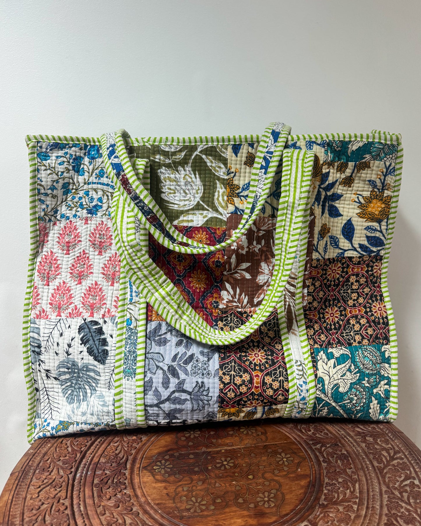 Patchwork green l Big tote bag in quilted cotton