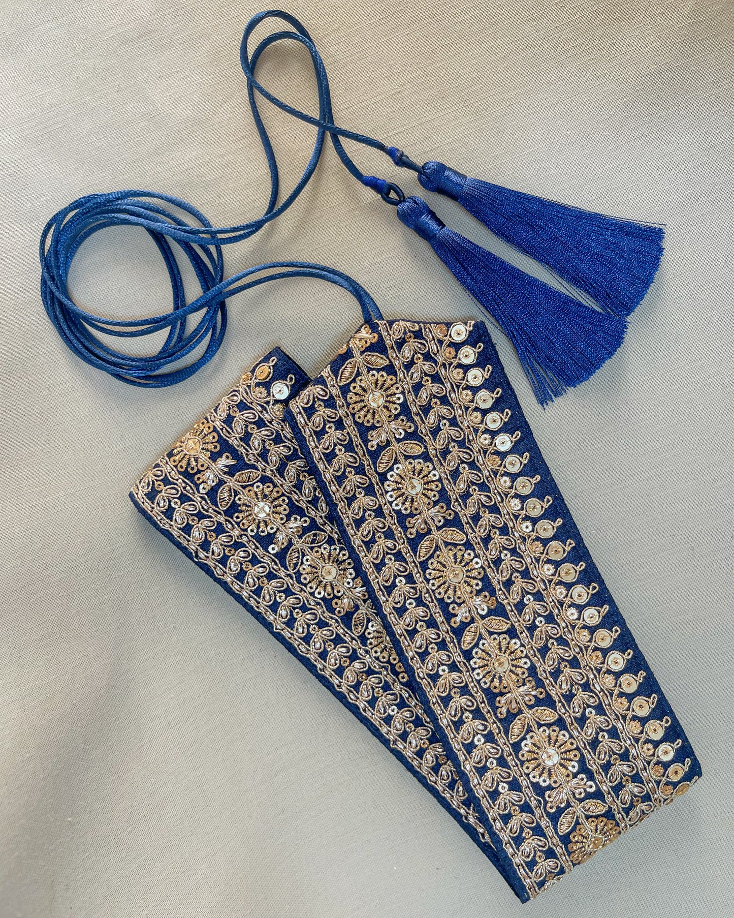 Blue bohemian embroidered obi belt with tassels