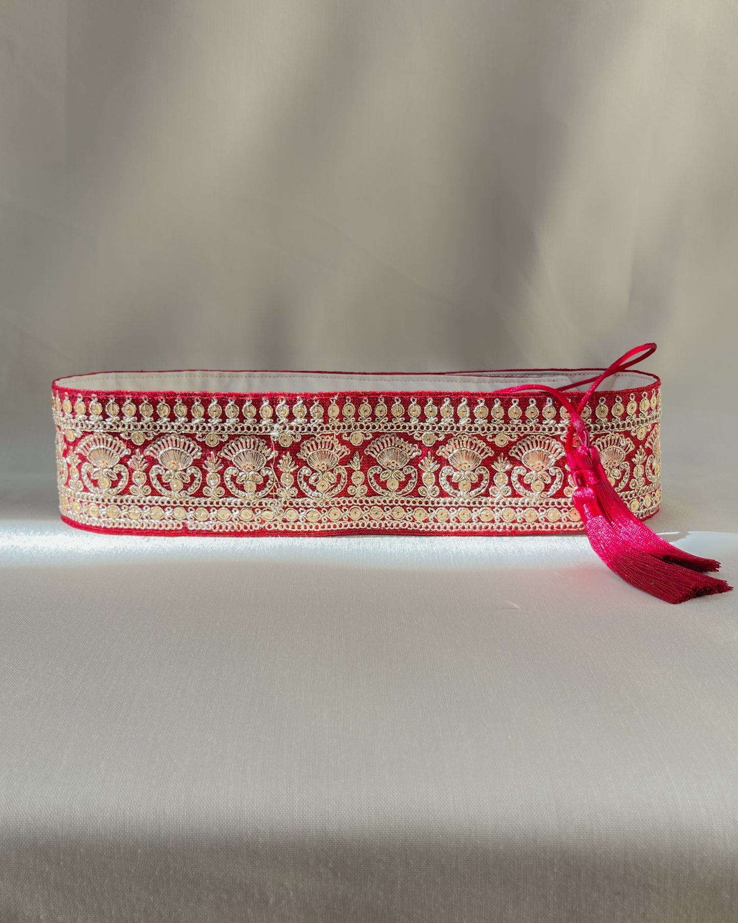 Red bohemian embroidered obi belt with tassels