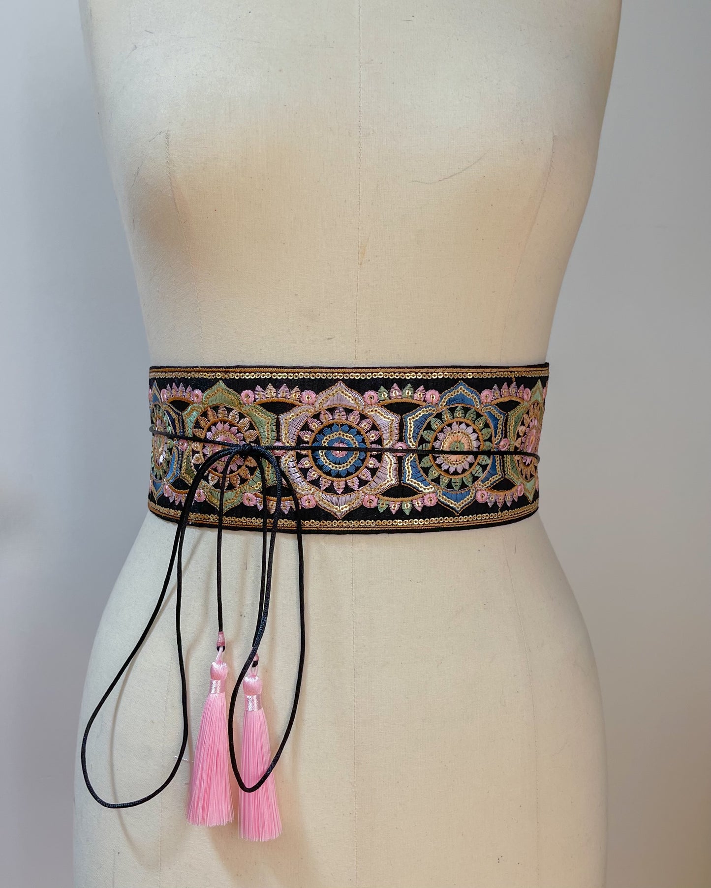 Black bohemian embroidered obi belt with tassels