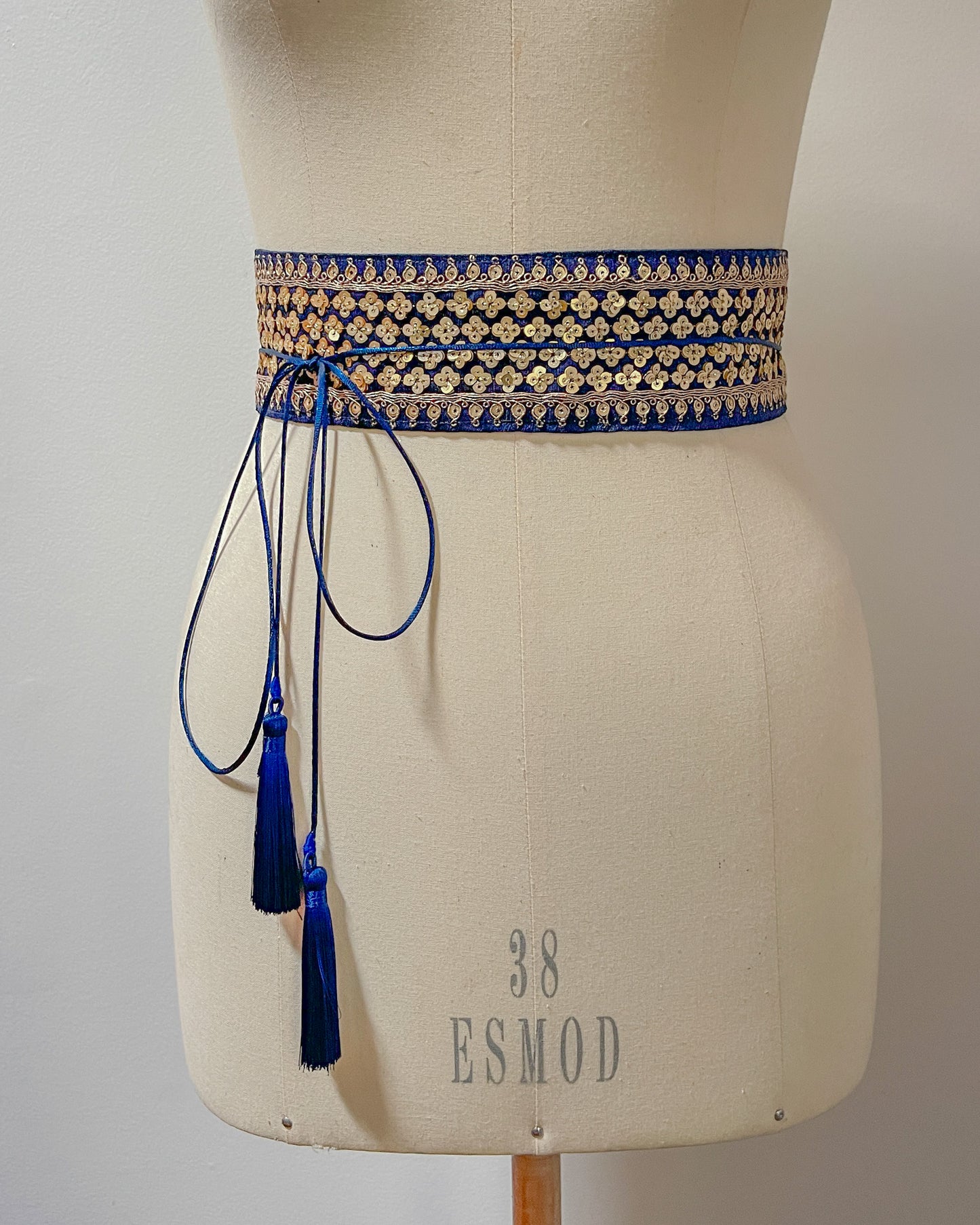 Blue bohemian embroidered obi belt with tassels