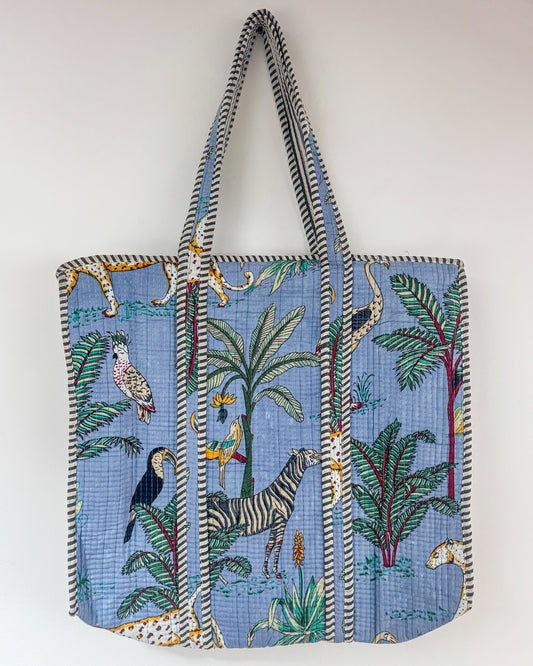 Light blue jungle l Big tote bag in quilted cotton