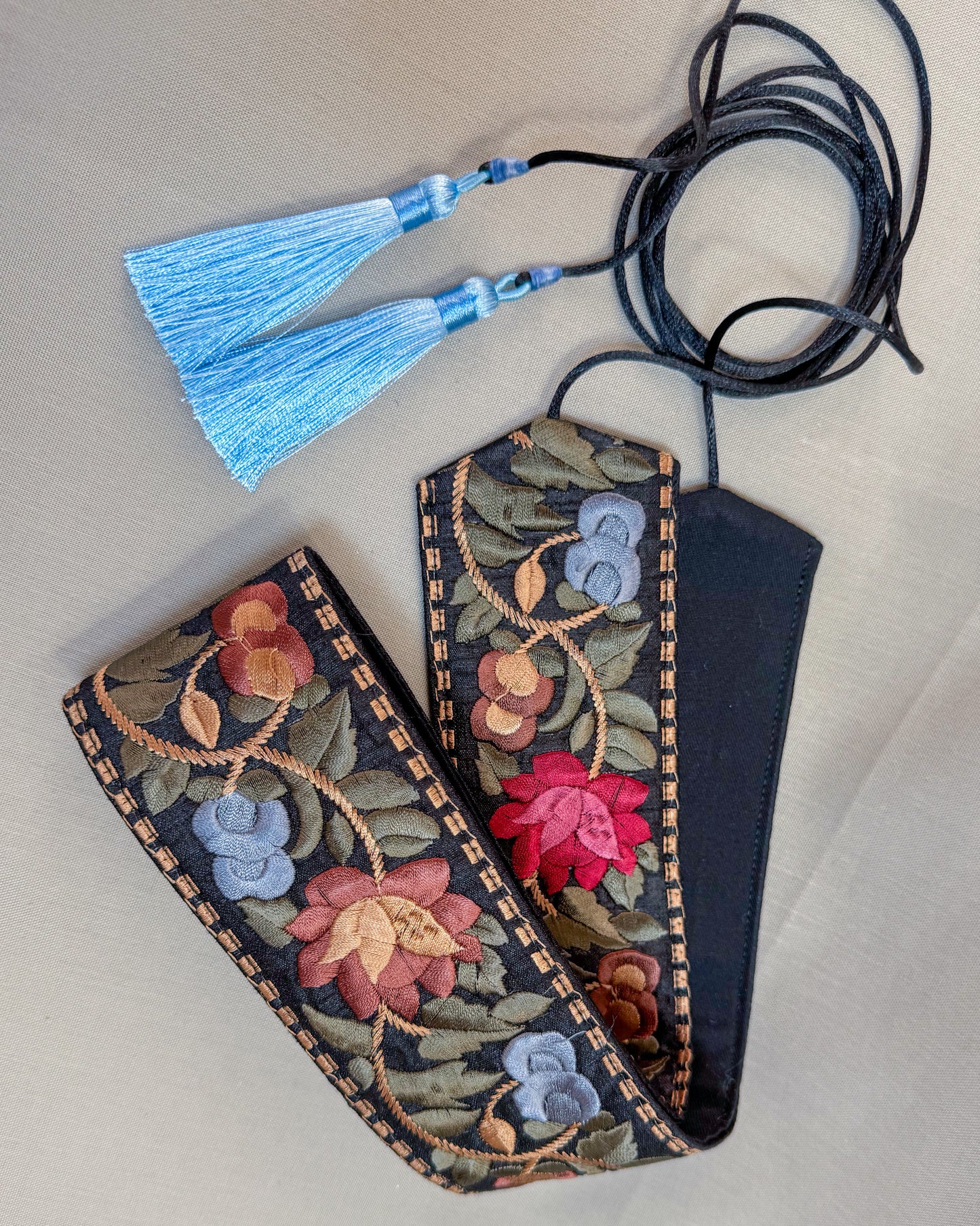Bohemiam black belt with embroidered flowers and tassels