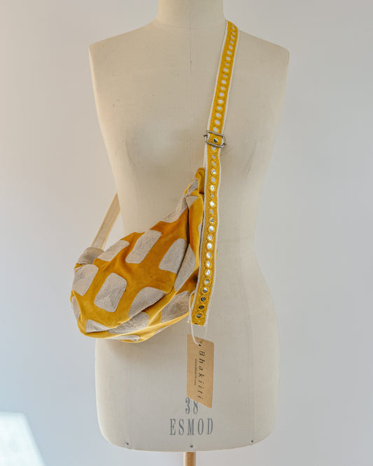 Yellow velvet embroidered shoulder | crossbody bag.