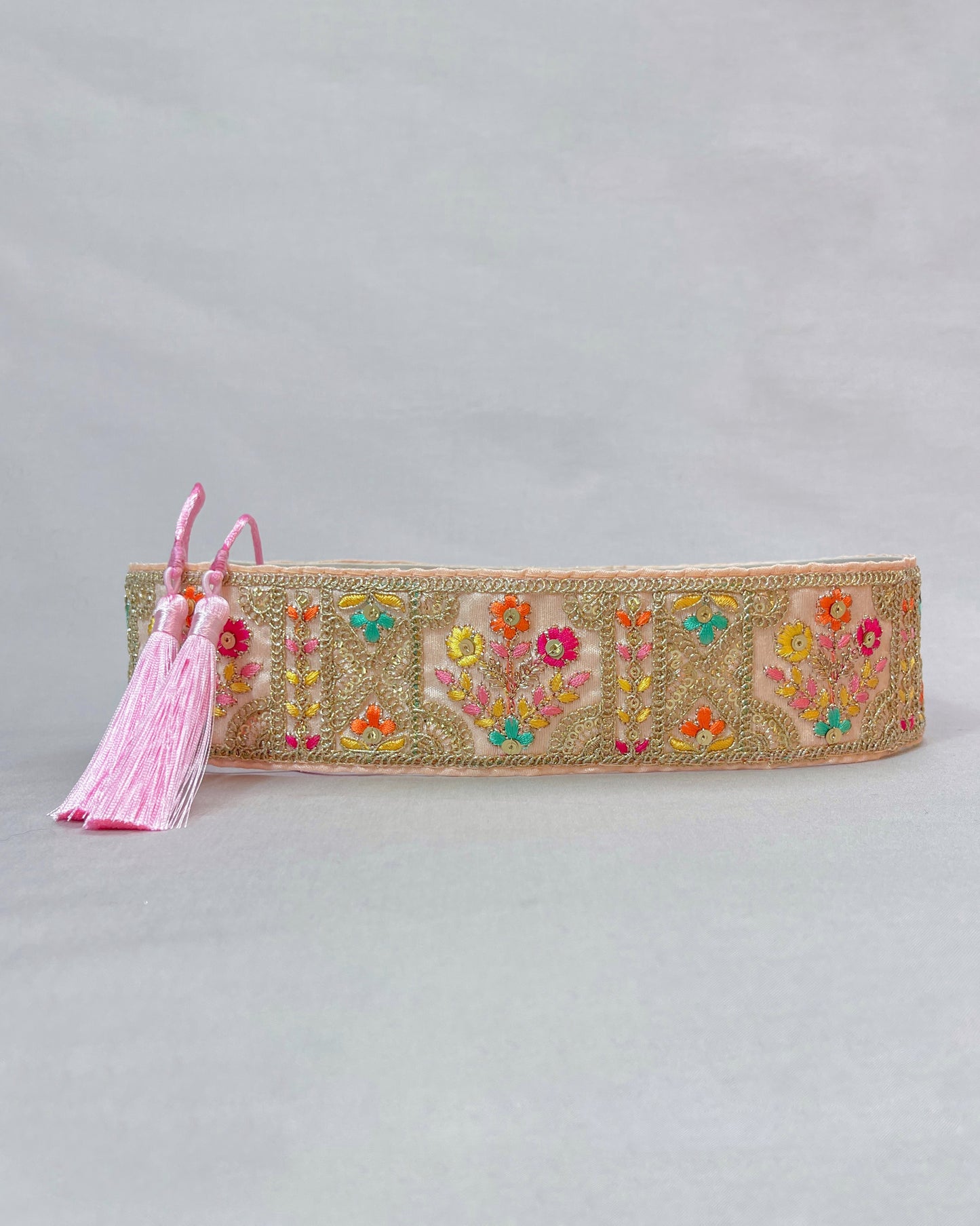 Baby pink bohemian embroidered obi belt with tassels