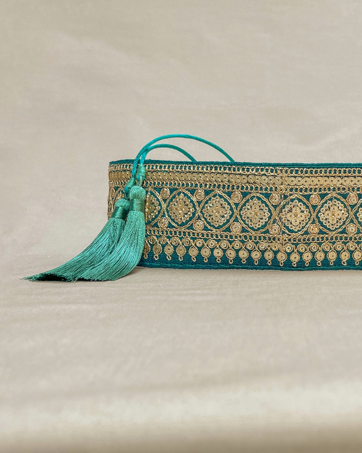 Green bohemian embroidered obi belt with tassels