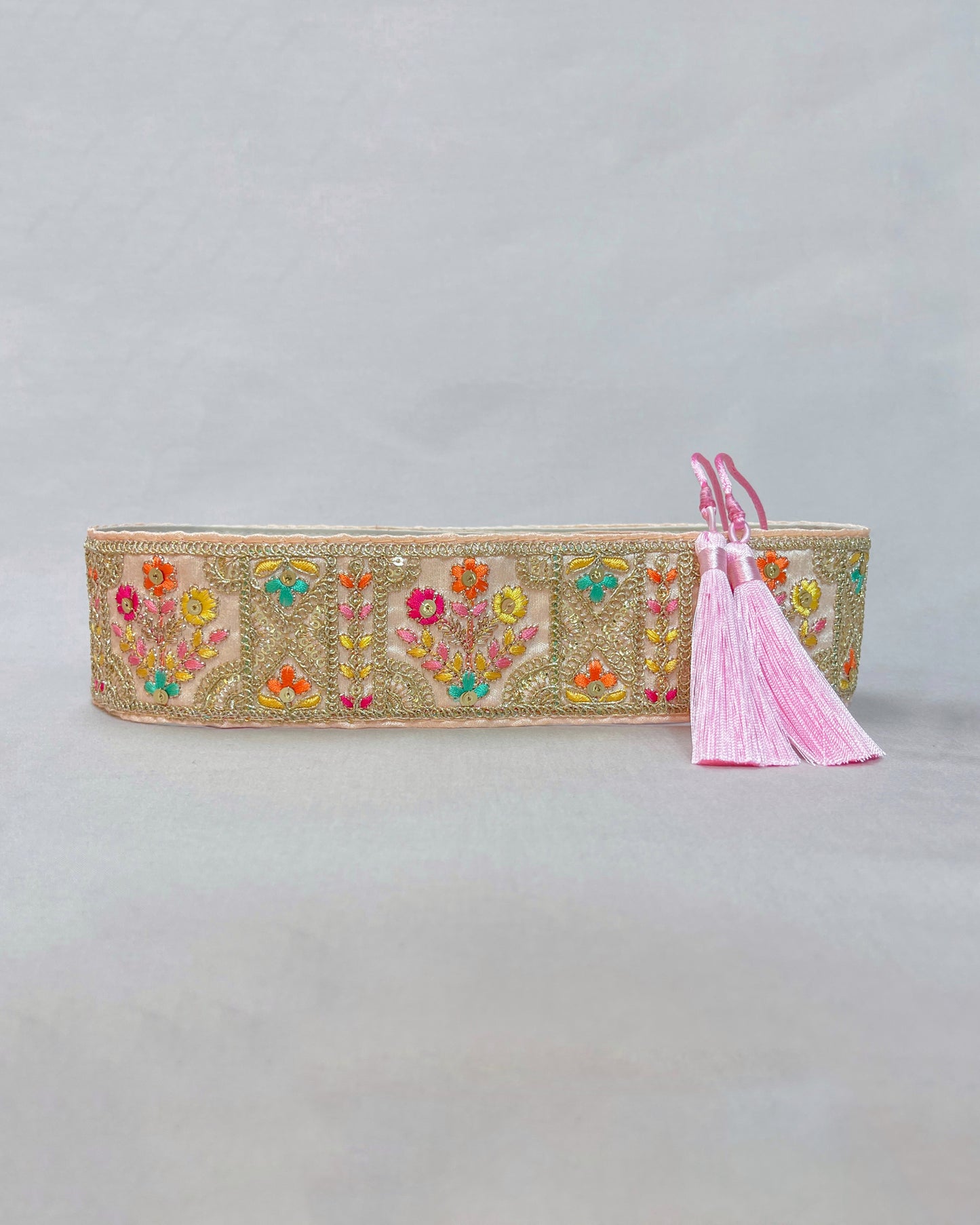 Baby pink bohemian embroidered obi belt with tassels