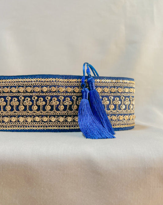 Blue bohemian embroidered obi belt with tassels