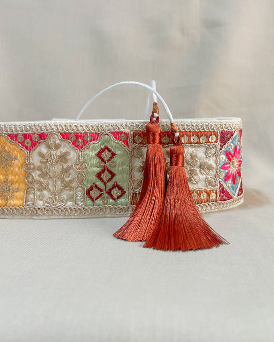 Bohemian embroidered obi belt with tassels