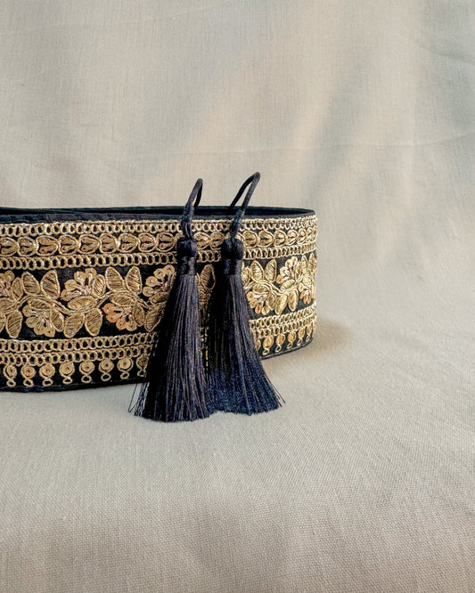 Black bohemian embroidered obi belt with tassels