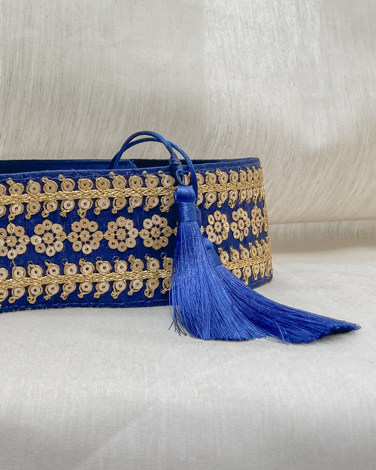 Blue bohemian embroidered obi belt with tassels