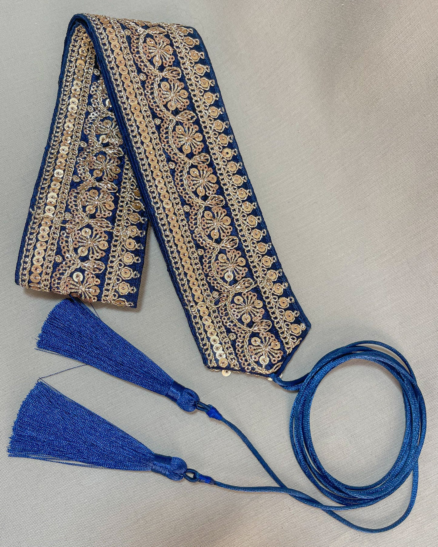 Blue bohemian embroidered obi belt with tassels