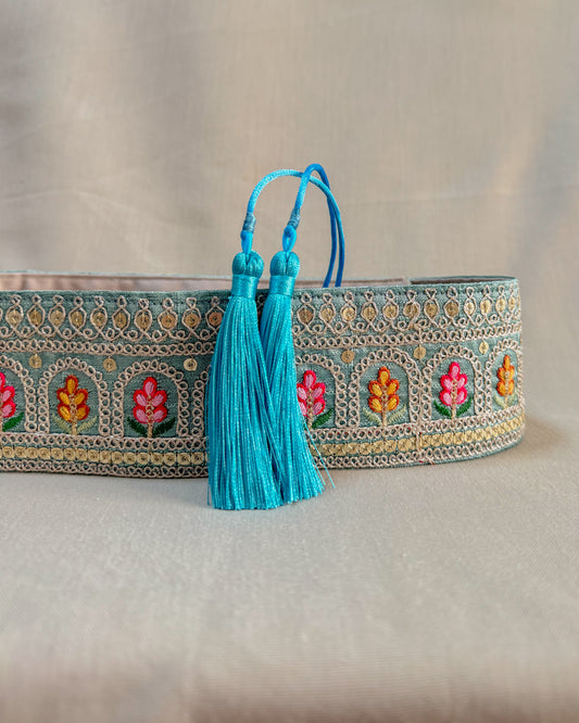 Blue bohemian embroidered obi belt with tassels