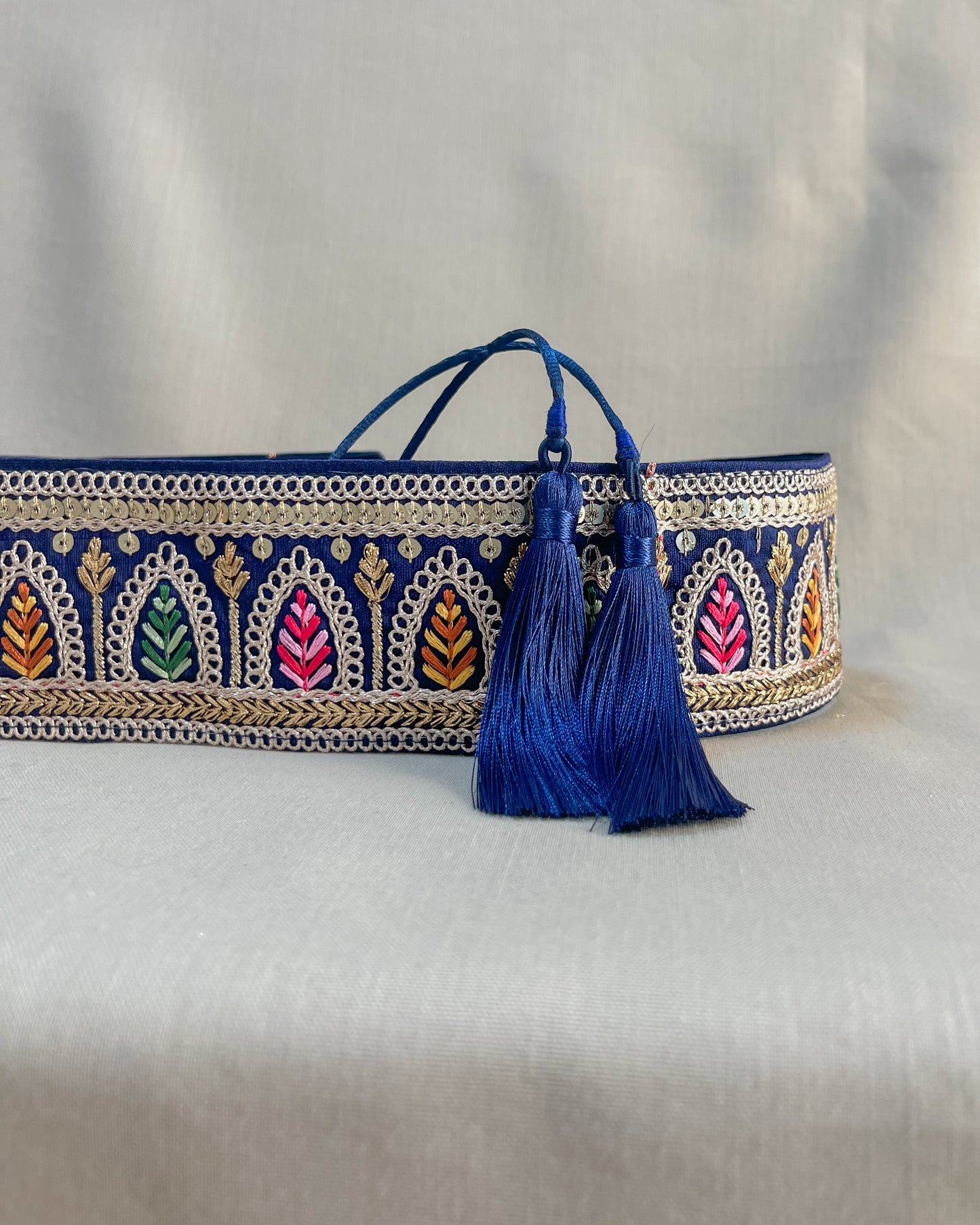 Blue bohemian embroidered obi belt with tassels