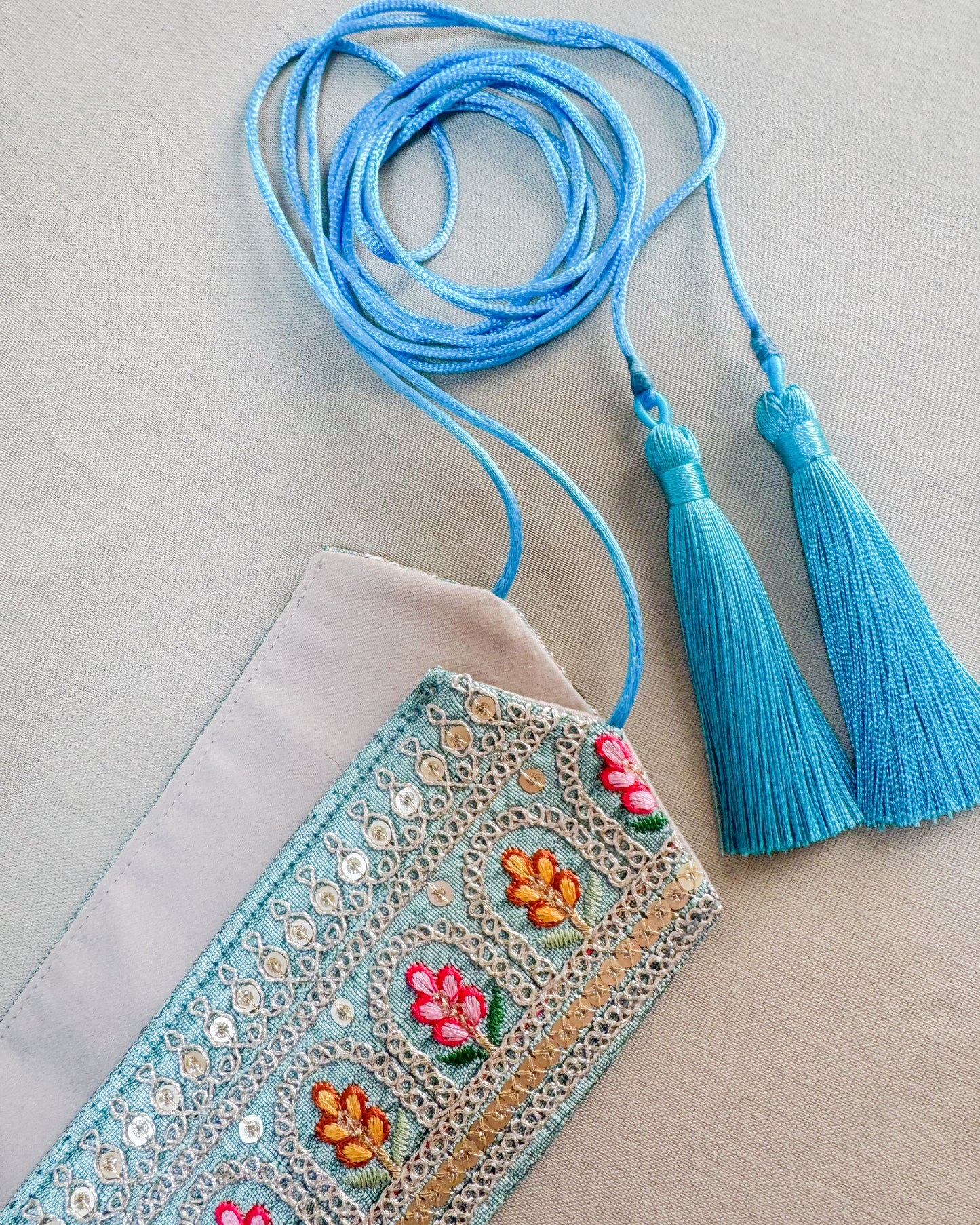 Blue bohemian embroidered obi belt with tassels