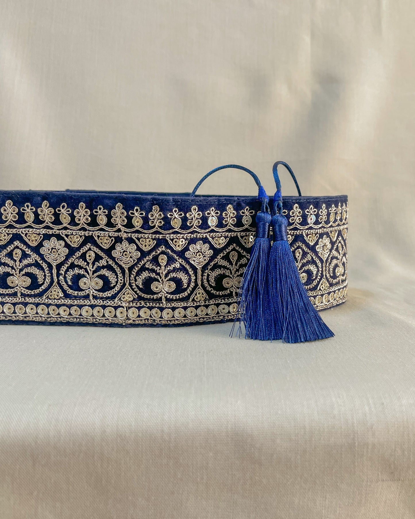 Velvet blue bohemian embroidered obi belt with tassels