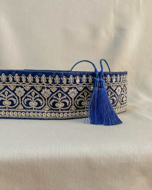 Velvet blue bohemian embroidered obi belt with tassels