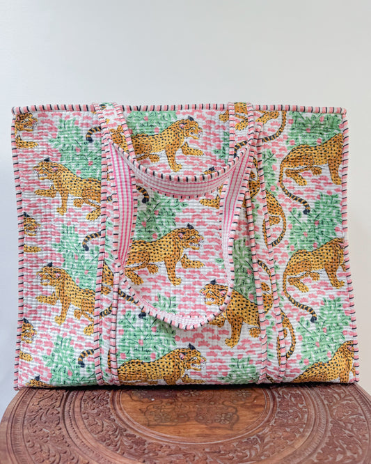 White and pink tiger l Big tote bag in quilted cotton