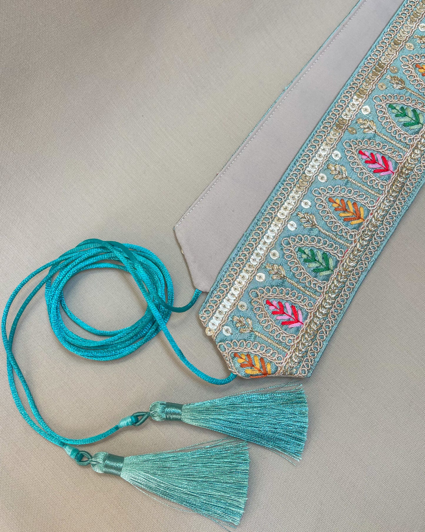 Teal bohemian embroidered obi belt with tassels