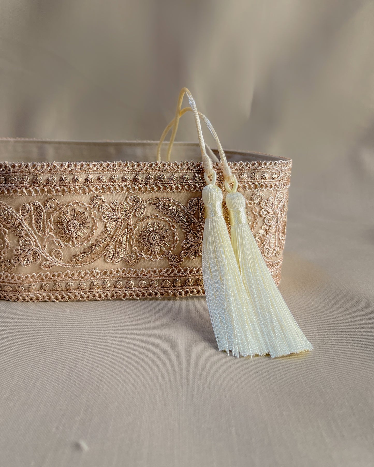 Golden bohemian embroidered obi belt with tassels