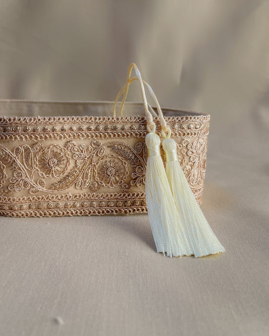 Golden bohemian embroidered obi belt with tassels